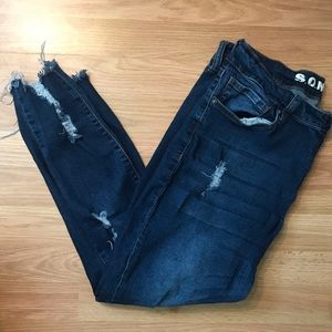 Blue Mid Rise Distressed Crop Jeans
